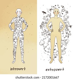 Stellen Sie sich vor und extrovertieren Sie. Psychotypen von Menschen. Vektorgrafiken in guter Qualität.