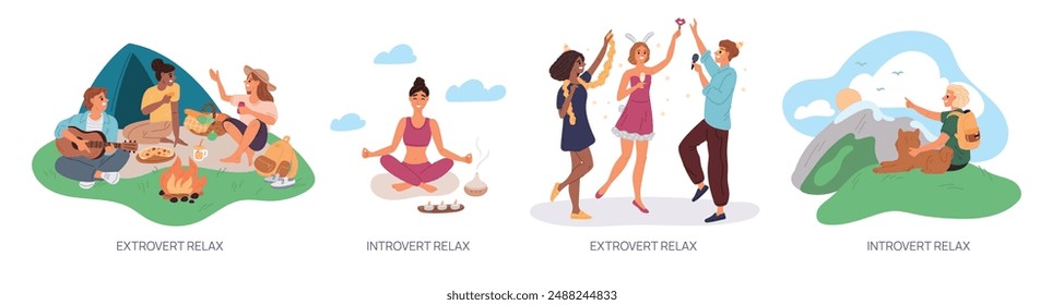 Introvertido y extrovertido. Personas sociables o poco sociales. Diferentes temperamentos psicológicos. Fiesta de amigos. Solo relájate. Orientación hacia dentro o hacia fuera. Meditación de yoga