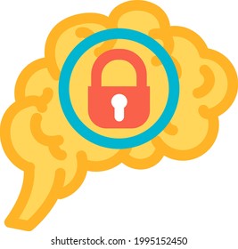 Introvert function of human brain icon vector. Reserved or reflective individual psychology with social problem and mind functional. Locked padlock on anatomy intellectual organ. Contour illustration