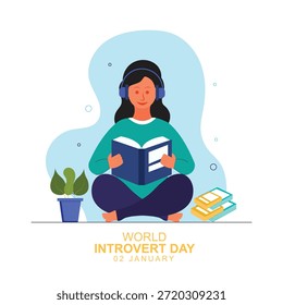 Introvert Girl sentado dentro de ler um livro com fones de ouvido para o Dia Mundial de Introvert