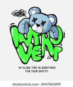 introvert graffiti style slogan with cartoon bear doll hand drawn graphic vector illustration