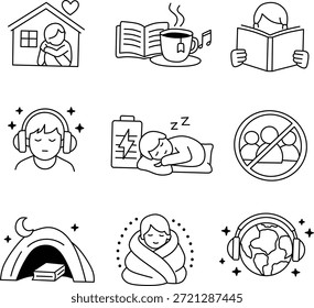 Iconos introvertidos que representan la soledad y recargan actividades. Conjunto de Vector lineal