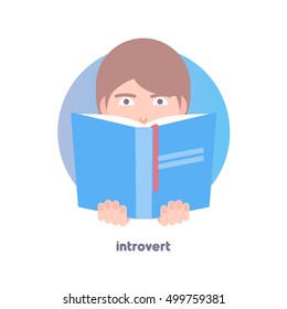 Introvert image. Shy, reticent person. Behavioral type. Flat icon of boy's face hiding behind the book. Modern vector illustration of man. Image is out of circle range.