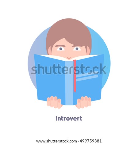 Introvert image. Shy, reticent person. Behavioral type. Flat icon of boy's face hiding behind the book. Modern vector illustration of man. Image is out of circle range.