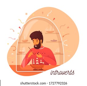 Introvert individuality. Introversion man makes ship model, enjoys loneliness and hobbies. Temperament, mindset, personal space, inner world, psychological comfort concept. Vector illustration