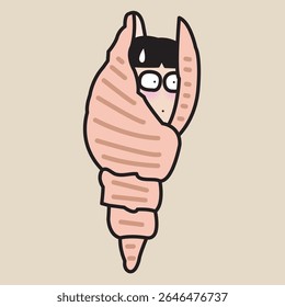 Uma senhora introvertida rolando em conchas conceito desenho animado personagem ilustração