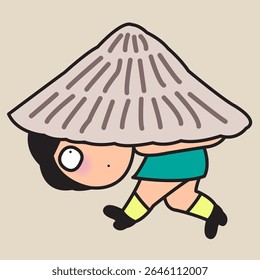 Uma senhora introvertida caminhando em conchas conceito desenho animado personagem ilustração