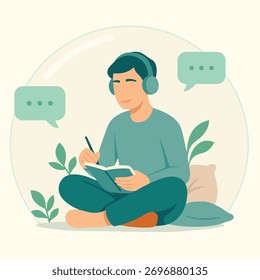 Introvert man contained in his own world – peaceful journaling and mindfulness illustration
