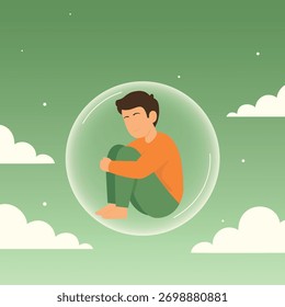 Hombre introvertido sentado pacíficamente dentro de la burbuja