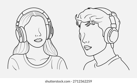 Diseño de Vector de contorno introvertido con auriculares.