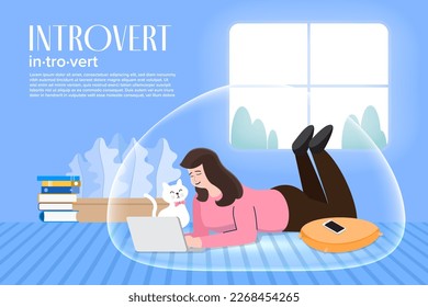 Introvert. Personal space. Human introverts. Relaxes doing favorite thing at home. Meditation, calm flat characters , Flat vector illustration.