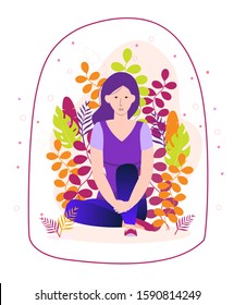 Introvert is sitting and immersed in his inner spiritual world on a floral background. Transparent dome is metaphor. Introverted girl character in cartoon style. Introversion vector concept.