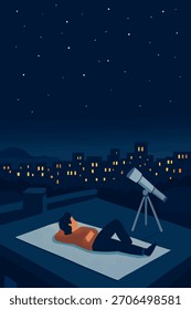 Introverter Stargazing sozinho no telhado
