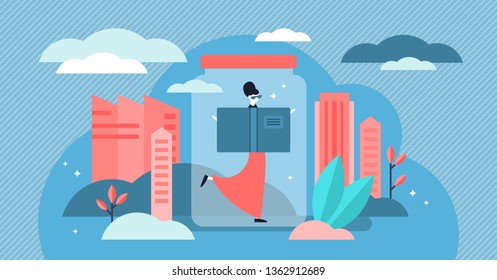 Introvert vector illustration. Flat tiny personality types persons concept. Shy and protective behavior with invisible shield. Abstract symbolic emotional mindset state to be alone and protected.