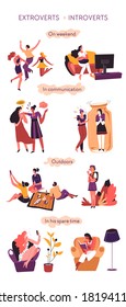 Introvert versus extrovert, behavioral comparison of psychological types. Partying and talkative extroverted personages and calm, quiet introverted characters in communication vector in flat style