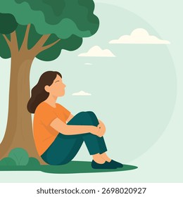 Mulher introvertida sentada debaixo de uma árvore ao ar livre