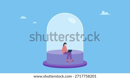 Introvert woman working alone with computer laptop covered inside glass dome. Introvert working space, privacy to work individual, employee work productively when working alone.