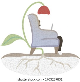 Introvert, work from home, rooted whimsical woman sitting at laptop with a flower lamp with roots growing below.