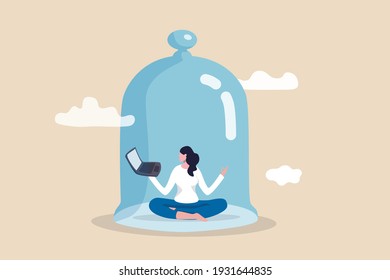 Introvert working space, privacy to work individual, employee work productively when working alone concept, introvert disconnected woman working alone with computer laptop covered inside glass dome.