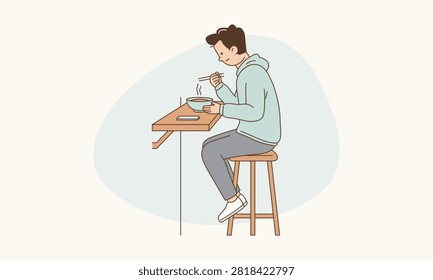 Introvert Young Man Eating Alone at Bar Counter Facing Wall to Avoid Social Interaction Vector