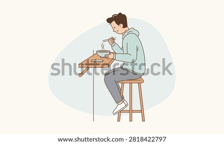 Introvert Young Man Eating Alone at Bar Counter Facing Wall to Avoid Social Interaction Vector