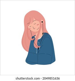 An introvert young woman listening to music by earphone. Teenagers enjoy music in solitude. Flat vector illustration