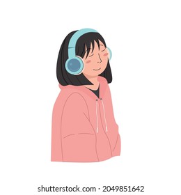 An Introvert Young Woman Listening To Music By Headphone. Teenagers Enjoy Music In Solitude. Flat Vector Illustration