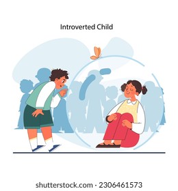 Introverted child. Antisocial kid who prefers to spend time alone and avoid interaction with big group of people. Calm and thoughtful temperament' qualities and signs. Flat vector illustration