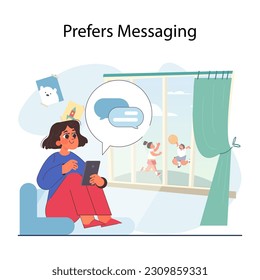 Introverted child. Antisocial kid who prefers to spend time alone and send messages. Calm and thoughtful temperament' qualities and signs. Flat vector illustration