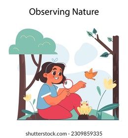 Introverted child. Antisocial kid who prefers to spend time alone and observe nature outside. Calm and thoughtful temperament' qualities and signs. Flat vector illustration