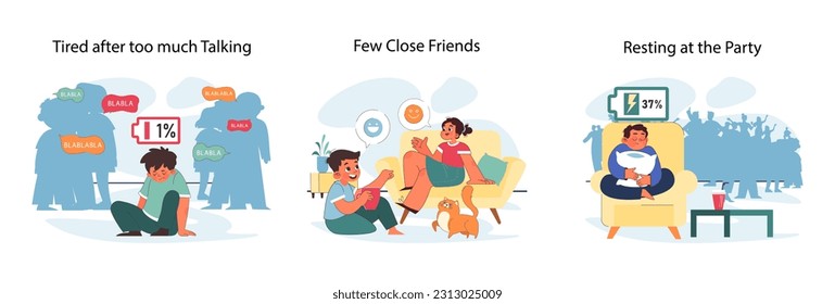 Introverted child set. Antisocial kid who prefers to spend time alone and avoid interaction with big group of people. Calm and thoughtful temperament' qualities and signs. Flat vector illustration