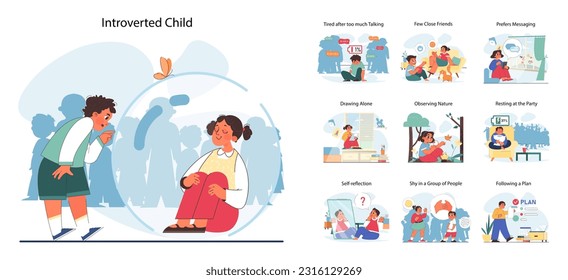Introverted child set. Antisocial kid who prefers to spend time alone and avoid interaction with big group of people. Calm and thoughtful temperament' qualities and signs. Flat vector illustration