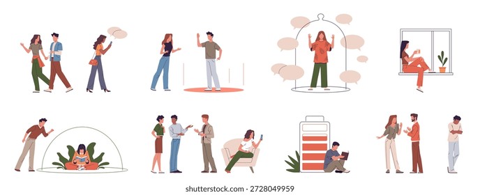 Introverted and extraverted characters scenes. Psychology, sociable and introverted people, outward, inward orientation, personal boundaries, digital habits nowaday vector cartoon flat isolated set