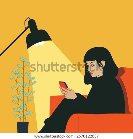 Introverted Girl Using Phone Vector - Social Media Character Art for Modern Lifestyle Themes