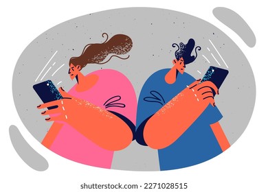 Introverted man and woman turn backs to each other use mobile phone after being addicted to gadget. Introverted couple with phone in their hands refusing personal communication use social networks 