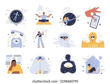 Introverted person set. Antisocial character prefers to spend time alone. Person avoid communication and interaction with people. Personal space idea. Flat vector illustration