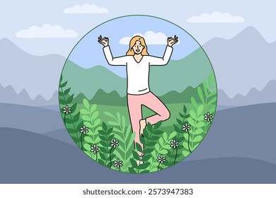 Introverted woman meditates and feels comfortable being safe inside bubble with green plants. Introvert girl escapes from bad environment with help of yoga and traditional buddhist practices