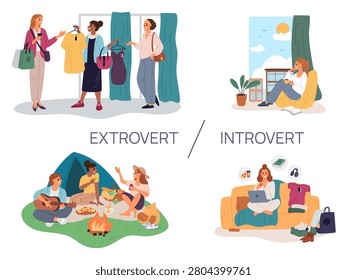 Introverts and extroverts. Psychological personality types. Introversion and extroversion. Open and reserved people. Inward or outward orientation. Unsociable girl. Friends leisure. Vector concept