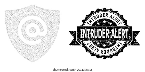 Intruder Alert unclean seal print and vector email address shield mesh structure. Black stamp seal contains Intruder Alert caption inside ribbon and rosette. Abstract flat mesh email address shield,