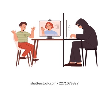 Intruder or attacker communicates with child in networks on the Internet under the guise of his peers, flat cartoon vector illustration isolated on white background.