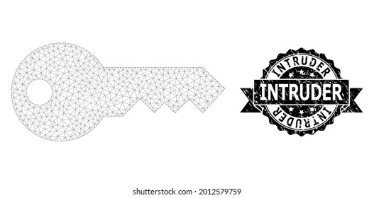 Intruder Grunge Stempel und Vektor-Key-Maschenmodell. Schwarze Stempel haben Intruder-Bildunterschrift in Band und Rosette. Abstrakter Flachmaschen-Schlüssel, konstruiert mit flacher Masche.