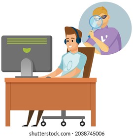 Intruder looking through magnifying glass. Cunning guy holding loupe, looking for something in laptop, planned something amiss. Hacker holding magnifier, plotting to hack computer protection system