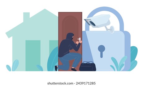 An intruder is trying to break into a house that is connected to a security system with a video surveillance camera. Criminals in black dark clothes are doing illegal activities. Vector illustration