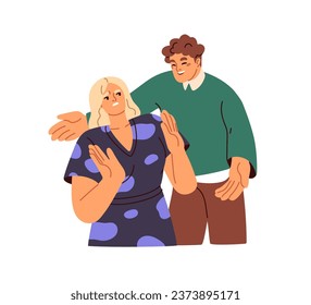 Intrusive man, unwanted hugs, unwelcome awkward touch. Harassment, unrequited love concept. Embarrassed woman hates unpleasant nasty guy. Flat graphic vector illustration isolated on white background svg