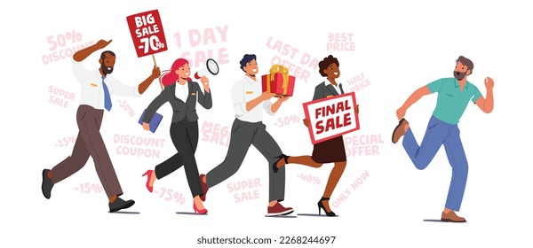 intrusive Sellers Characters Announce Promotions Chase Escaping Buyer. Attracting Customers with Discount, Gifts and Cashback. Aggressive Marketing Campaign Concept. Cartoon People Vector Illustration