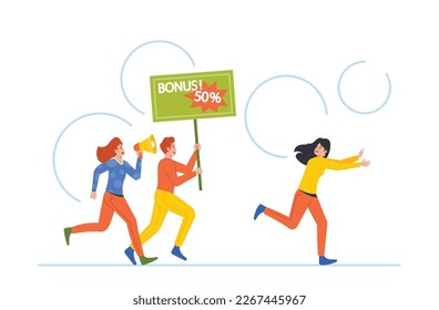 Intrusive Sellers Characters with Announcement Promotional Banners Chase Buyer. Promoters Share Social Spam, Aggressive Marketing Campaign Concept. Cartoon People Vector Illustration