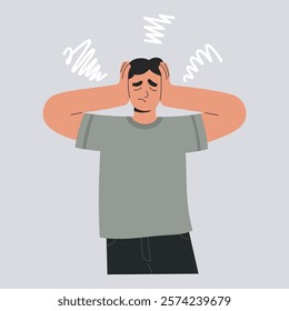 Intrusive thoughts concept, anxious man suffering from obsessive ideas. Stressed person, with mental disorder, overthinking problems and holding his head with hands. Flat vector isolated illustration