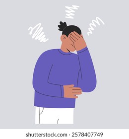 Intrusive thoughts concept, man suffering from obsessive compulsive disorder. Anxious person with mental health problems, confusion in mind and OCD, overthinking. Flat vector isolated illustration