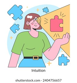 Intuition concept. A woman aligns puzzle pieces symbolizing inner guidance and decision-making. Trusting one's gut feeling in life's journey. Flat vector illustration.