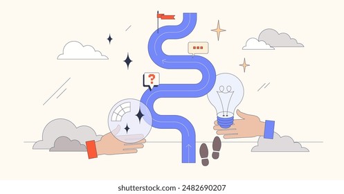 Intuition or future vision with predictions tiny person neubrutalism concept. Business strategy planning and businessman ability to predict right decisions vector illustration. Career path insight.